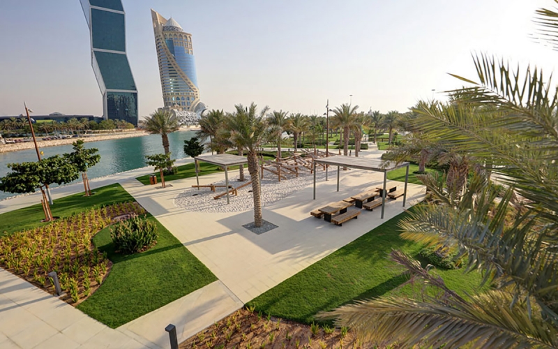 URBADIS pergolas on the Marina Promenade, in Lusail City, Qatar